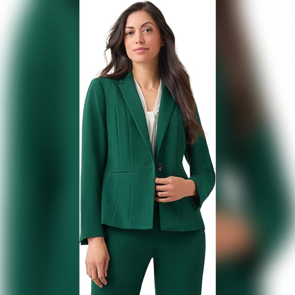 Kasper Women's Stretch Crepe ONE Button Panel Seamed JA Evergreen Blazer SZ 14